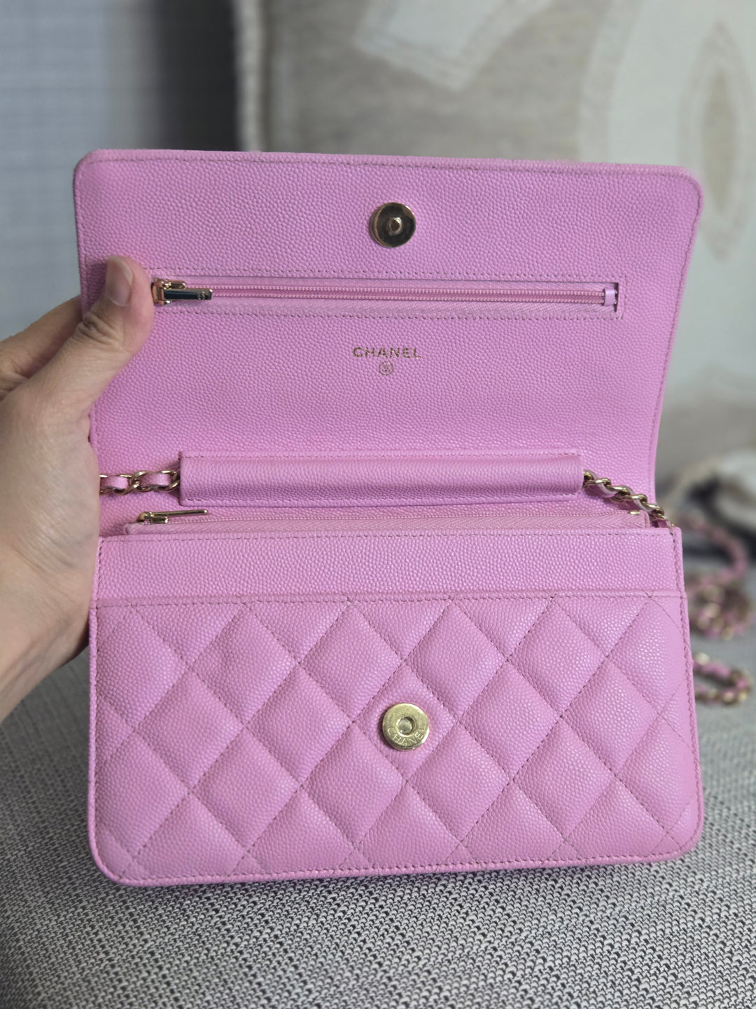 Chanel 23P Collection 2023 Mauve undertone Pink Caviar Champagne GHW Classic Wallet on chain (WOC)