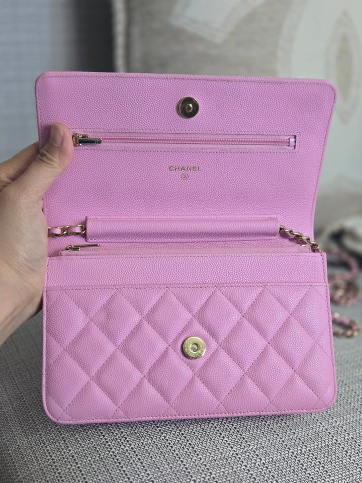 Chanel 23P Collection 2023 Mauve undertone Pink Caviar Champagne GHW Classic Wallet on chain (WOC)