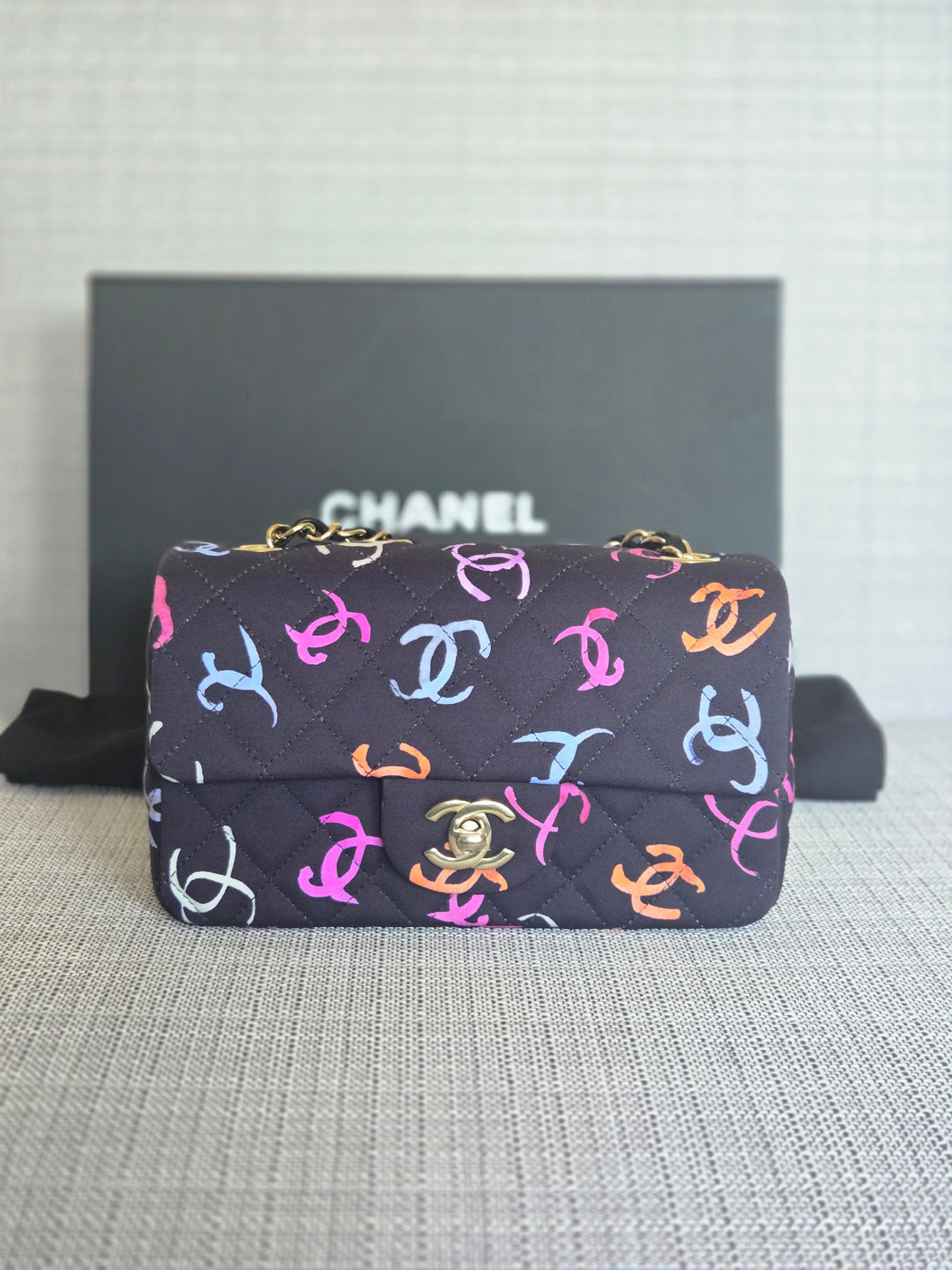 Chanel 24S collection Navy Multi color Jersey Mini Rectangular Flap Bag with Champagne GHW