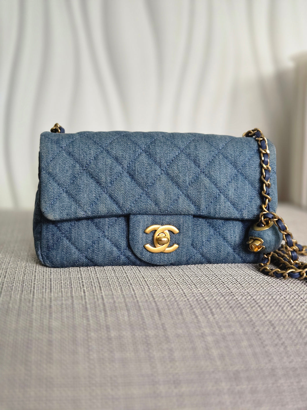 CHANEL 23C 2022/2023 Cruise collection Denim Pearl Crush Adjustable Chain Mini Rectangular Flap Bag with Aged GHW