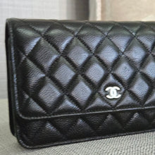 Load image into Gallery viewer, Chanel Black Caviar Classic Wallet on chain (WOC) with silver hardware
