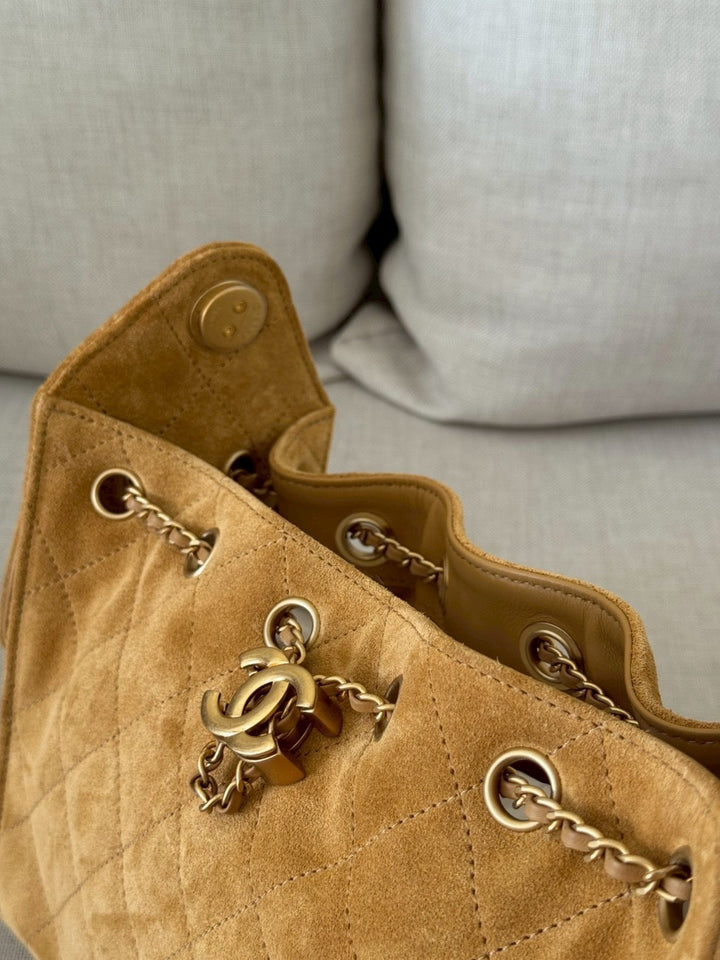 CHANEL 26C Camel Suede Aged GHW Mini 25 Hobo Bag