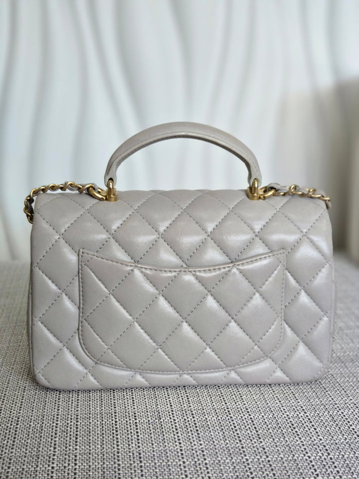 CHANEL 21A light Grey Lambskin Aged GHW Mini Rectangular Flap Bag with Top Handle