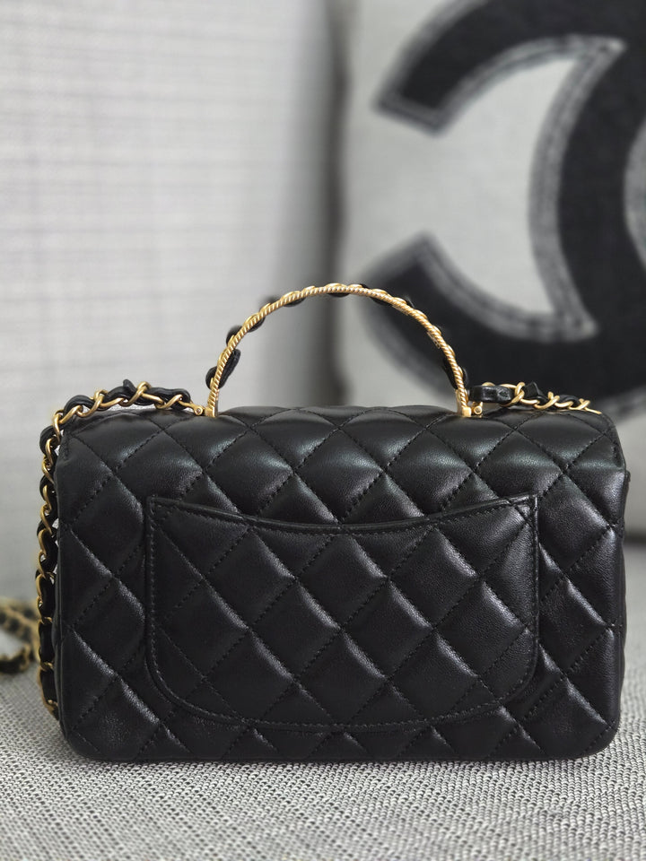 Chanel Black Lambskin Mini Rectangular Flap Bag with Top Handle GHW