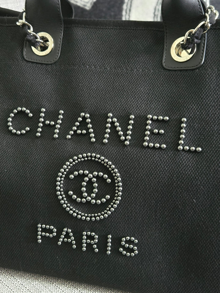 Chanel 20S 2020 Spring/Summer Collecion Black Canvas With Pearl Embossed Deauville Tote Bag with Leather Top Handle Size Medium/Large