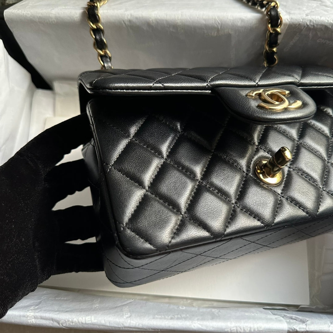CHANEL Black Lambskin LGHW Mini Rectangular Flap Bag