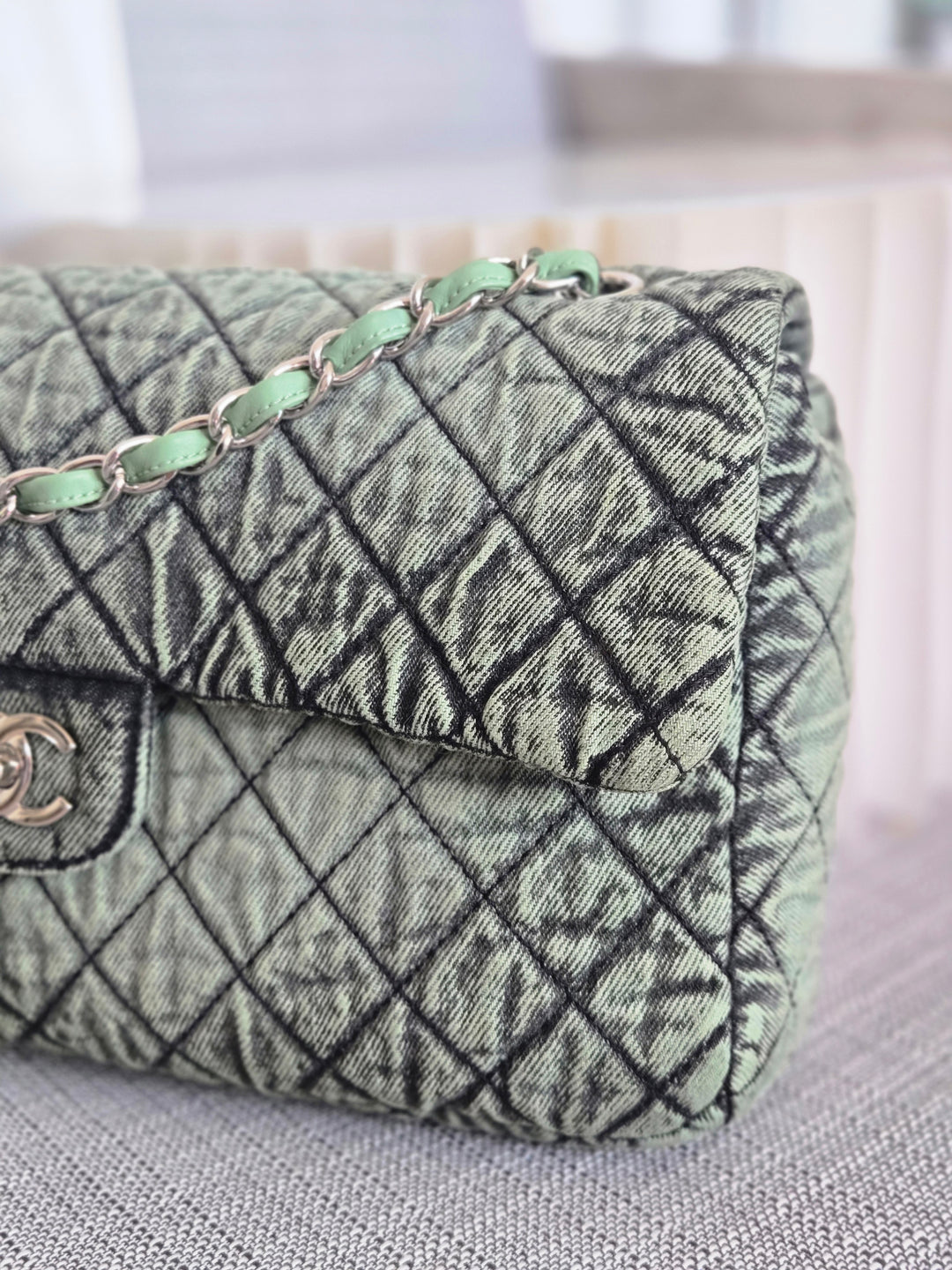 CHANEL Green Denimpression SHW size Jumbo Single Flap Bag