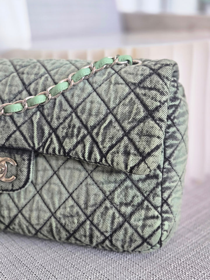 CHANEL Green Denimpression SHW size Jumbo Single Flap Bag