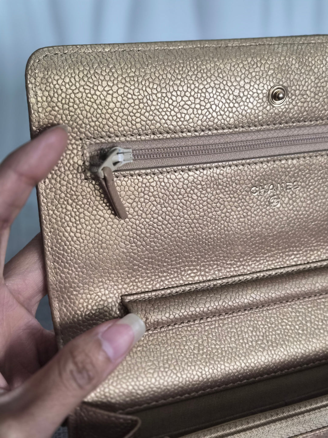 CHANEL series 20 2015 15B collection Gold Caviar Aged GHW Classic Wallet On Chain (WOC)