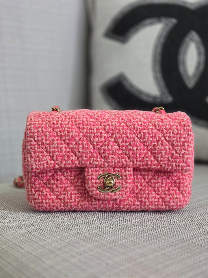 Chanel 22B 2022 Fall/Winter Fuchsia/Light Pink/Dark Pink Tweed Mini Rectangular Flap Bag with Champagne GHW