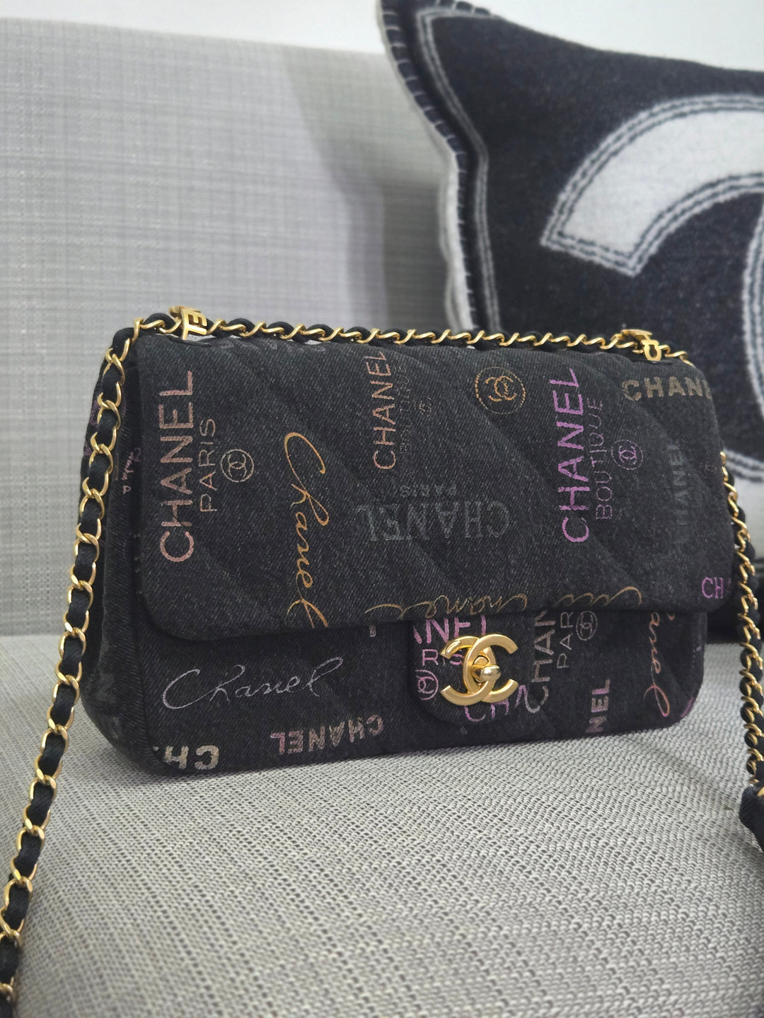 Chanel 22P collection Black Denim Mood Flap Bag with Aged GHW size Medium (25 cms)
