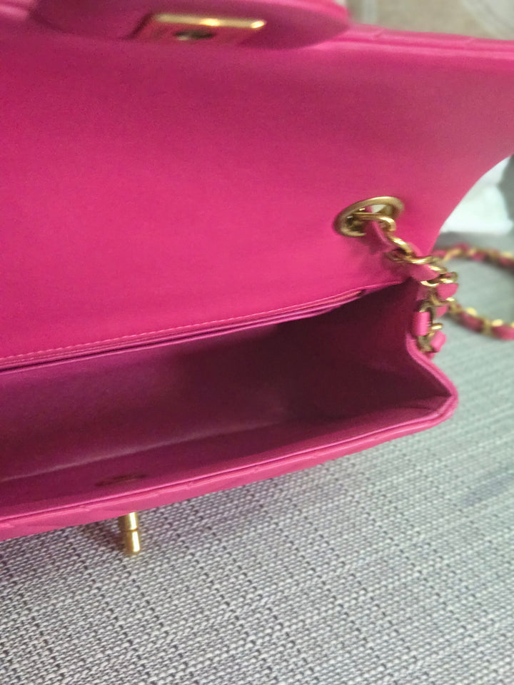 Chanel series 21 Barbie Pink Lambskin Chevron Mini Rectangular Flap Bag with Yellow GHW