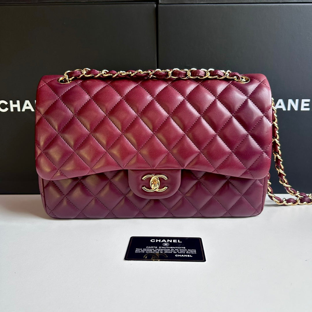 CHANEL series 16 Burgundy Lambskin LGHW Jumbo Timeless Classic Double Flap Bag 2012