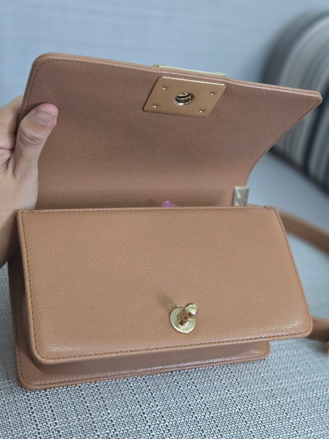 Chanel 21K 2021 Fall/Winter Collection Caramel Brown Caviar shiny champagne GHW Small Le Boy Flap Bag