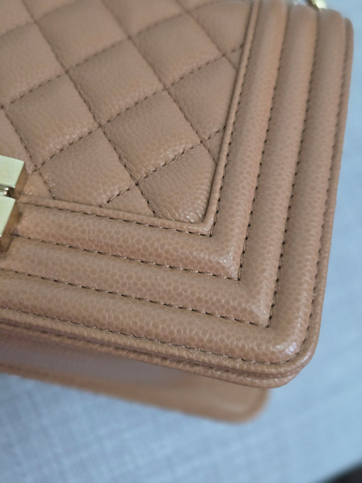 Chanel 21K 2021 Fall/Winter Collection Caramel Brown Caviar shiny champagne GHW Small Le Boy Flap Bag