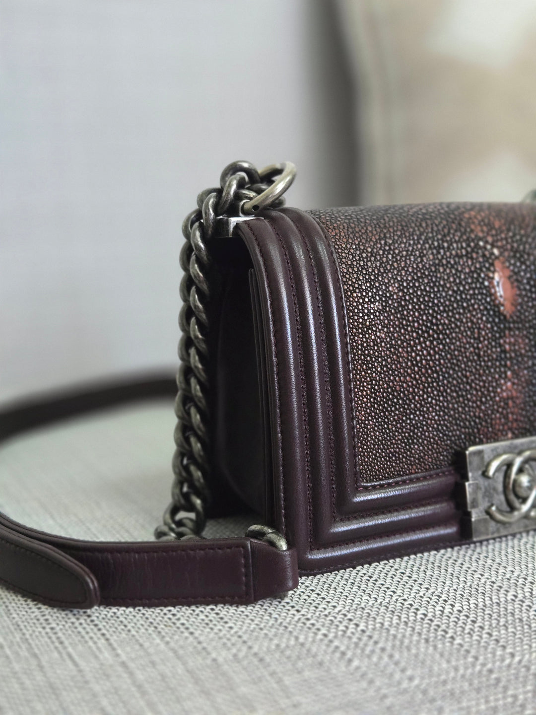Chanel series 21 2015 Burgundy Lambskin Stingray Le Boy Flap Bag with RHW size Small