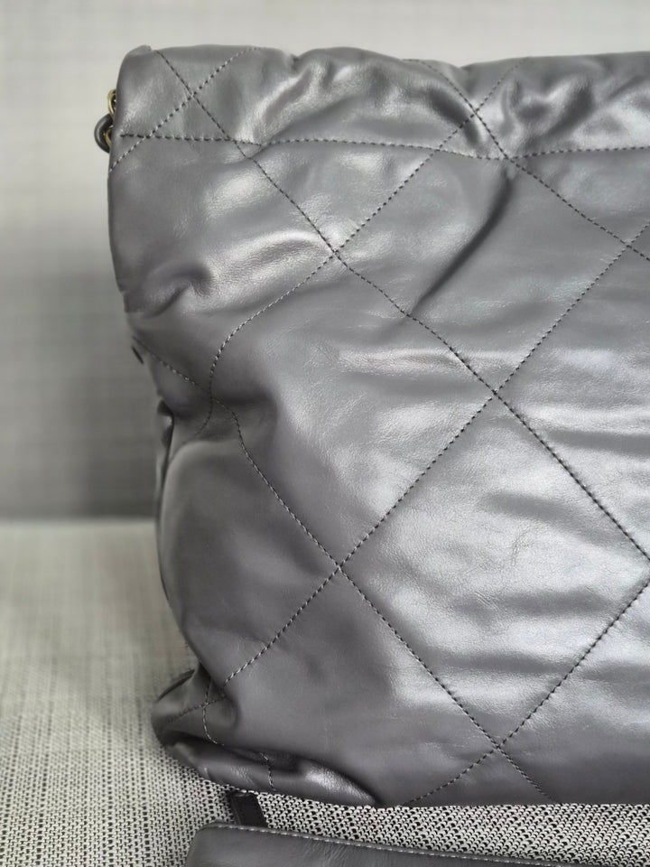 CHANEL 22 size Small in Grey Lambskin aged GHW with detachable pouch