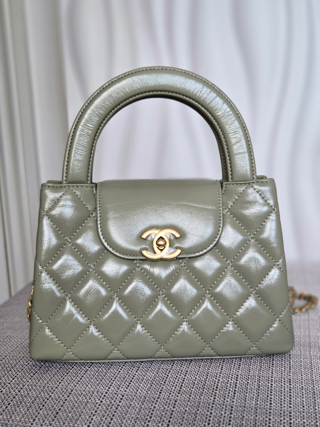 CHANEL Sage Khaki Green Glazed Calfskin Aged GHW Nano Kelly Shopping Bag size Small (19cms)