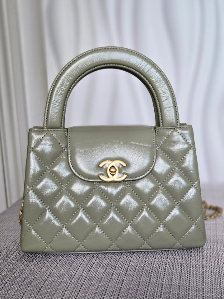 CHANEL Sage Khaki Green Glazed Calfskin Aged GHW Nano Kelly Shopping Bag size Small (19cms)