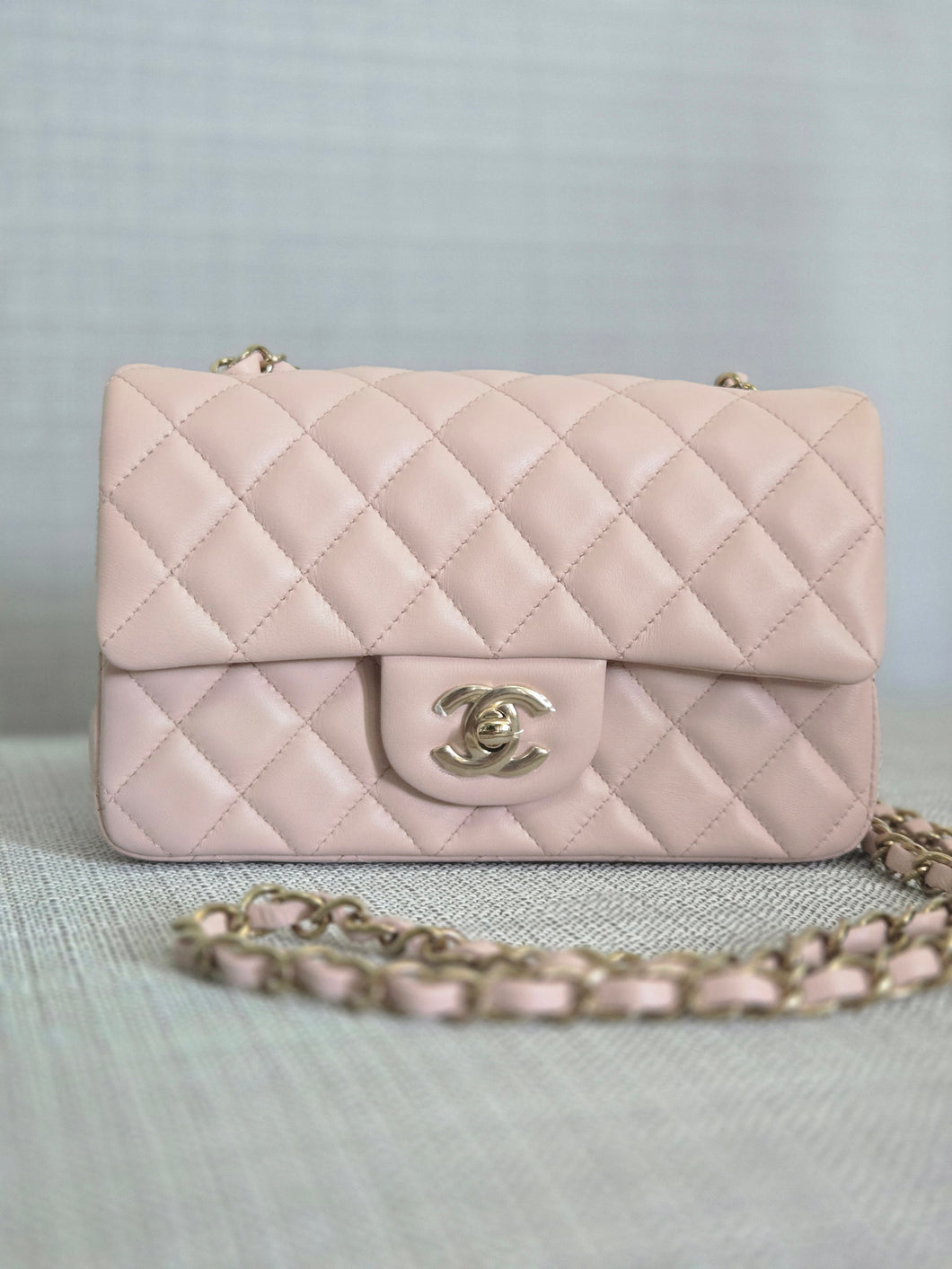Chanel 23S 2023 Spring/Summer Collection Light Pink Lambskin champagne GHW Mini Rectangular Flap Bag