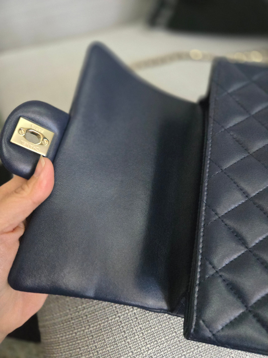 Chanel Navy Lambskin Mini Rectangular Flap Bag with Champagne GHW and Top Handle