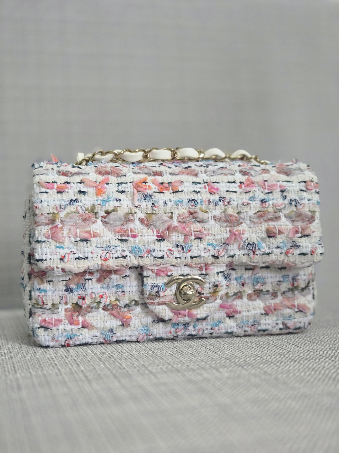 Chanel 23C 2022/2023 Cruise Collection Tweed Quilted Mini Rectangular Flap Bag in Ecru, Pink, Blue, and Green with Champagne GHW