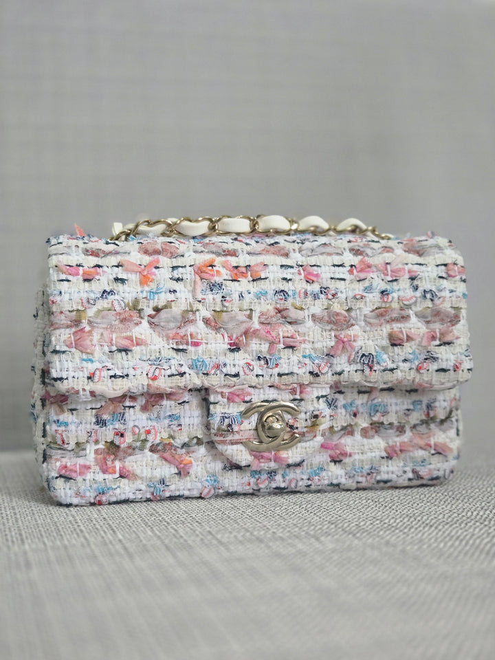 Chanel 23C 2022/2023 Cruise Collection Tweed Quilted Mini Rectangular Flap Bag in Ecru, Pink, Blue, and Green with Champagne GHW