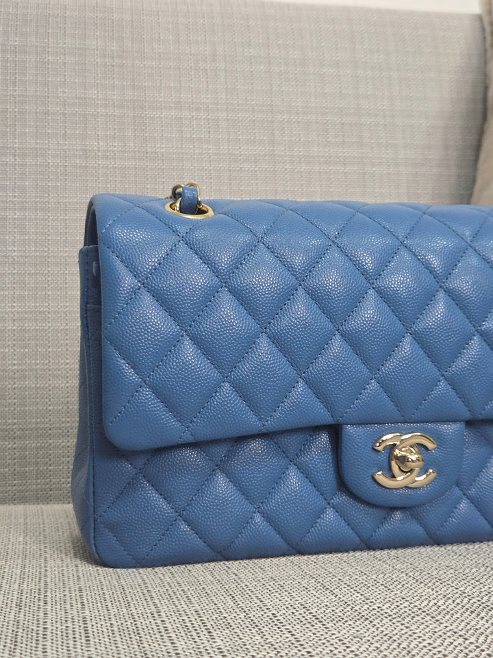 Chanel Series 30 Blue Caviar Medium Timeless Classic Double Flap Bag with Champagne GHW