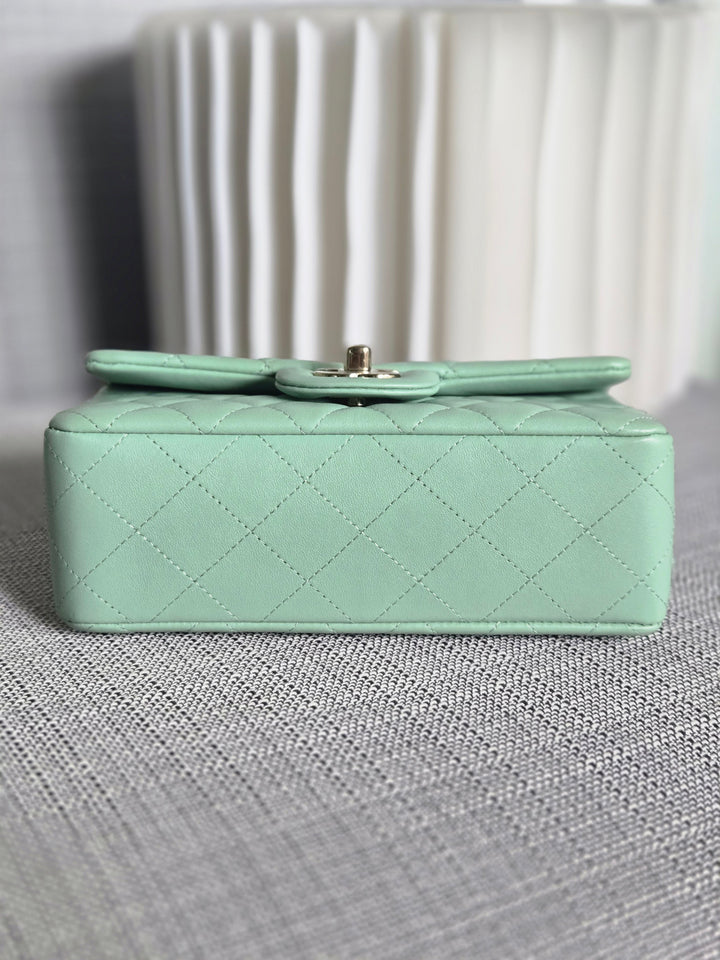 Chanel 24S collection 2024 Pastel Green Lambskin Champagne GHW Classic Mini Rectangular Flap Bag