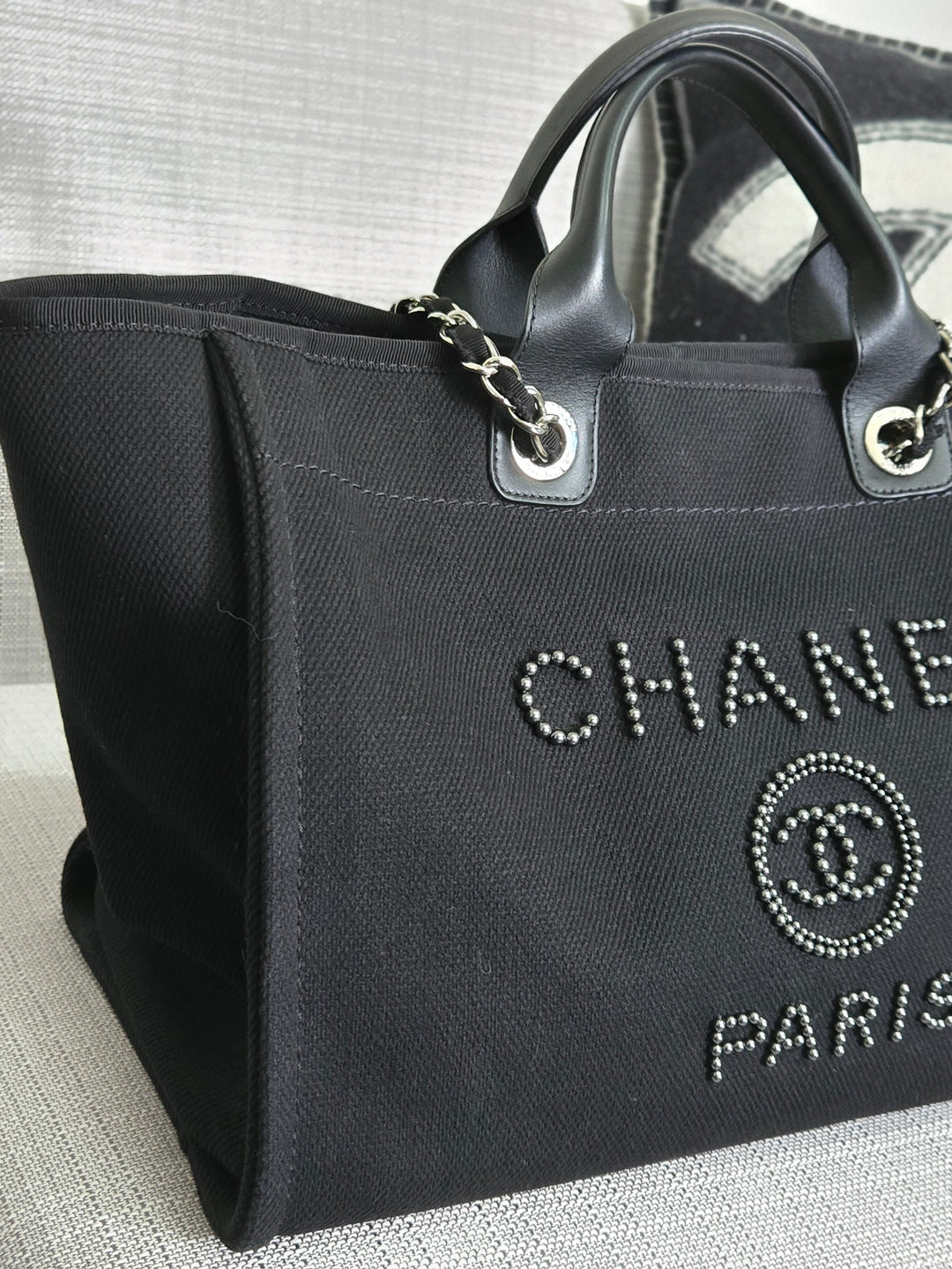 Chanel 20S 2020 Spring/Summer Collecion Black Canvas With Pearl Embossed Deauville Tote Bag with Leather Top Handle Size Medium/Large