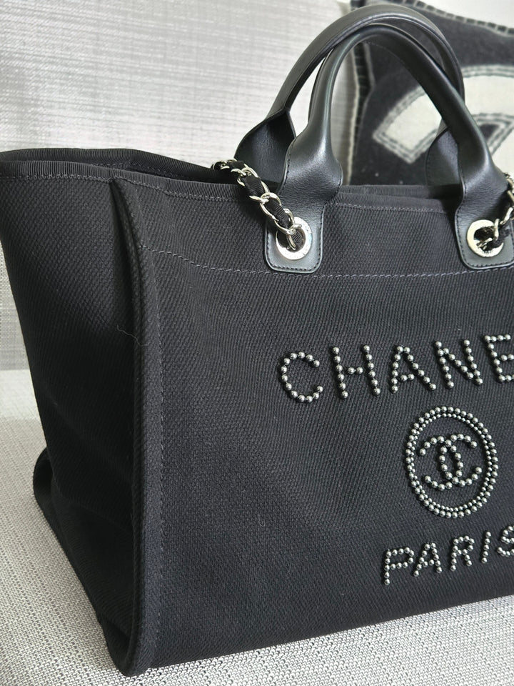 Chanel 20S 2020 Spring/Summer Collecion Black Canvas With Pearl Embossed Deauville Tote Bag with Leather Top Handle Size Medium/Large
