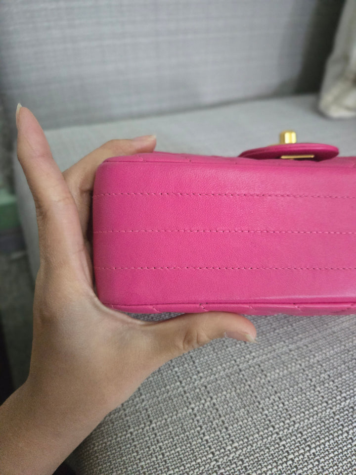 Chanel series 21 Barbie Pink Lambskin Chevron Mini Rectangular Flap Bag with Yellow GHW