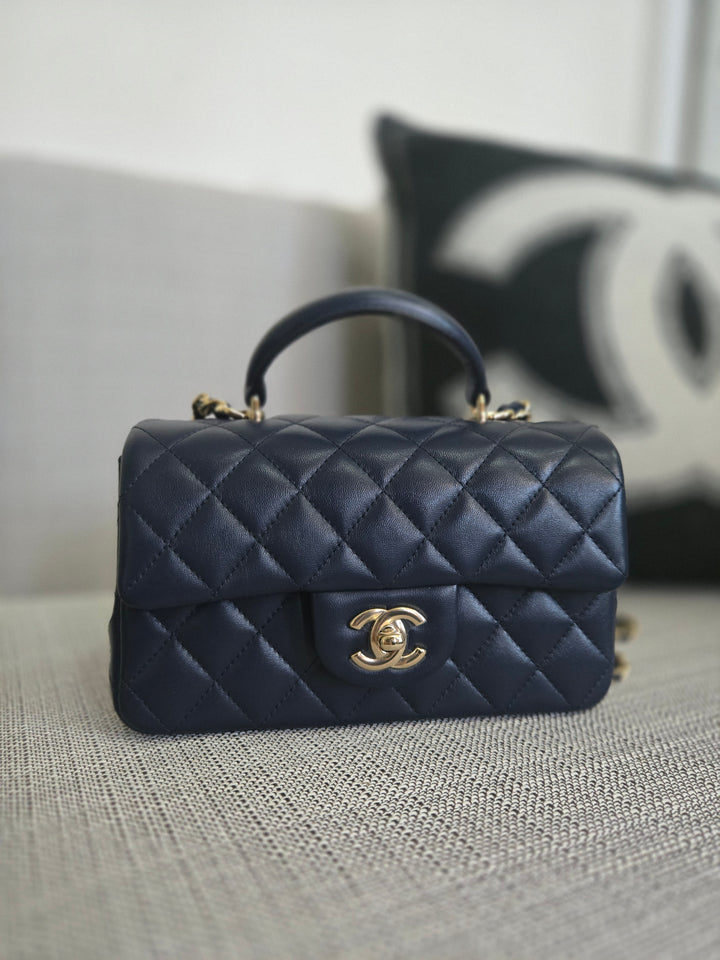Chanel Navy Lambskin Mini Rectangular Flap Bag with Champagne GHW and Top Handle