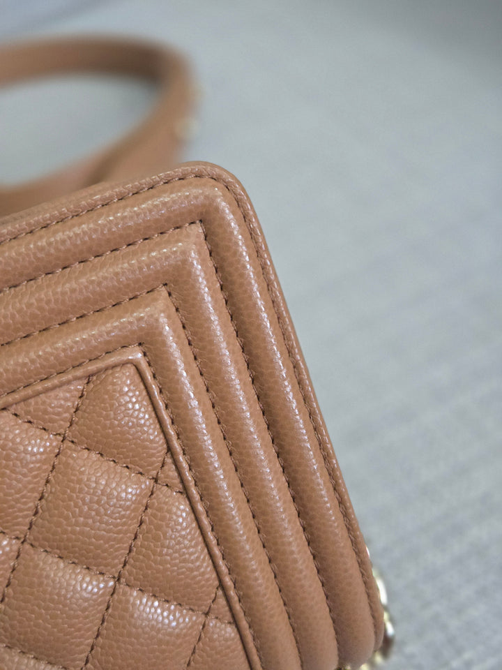 Chanel 21K 2021 Fall/Winter Collection Caramel Brown Caviar shiny champagne GHW Small Le Boy Flap Bag