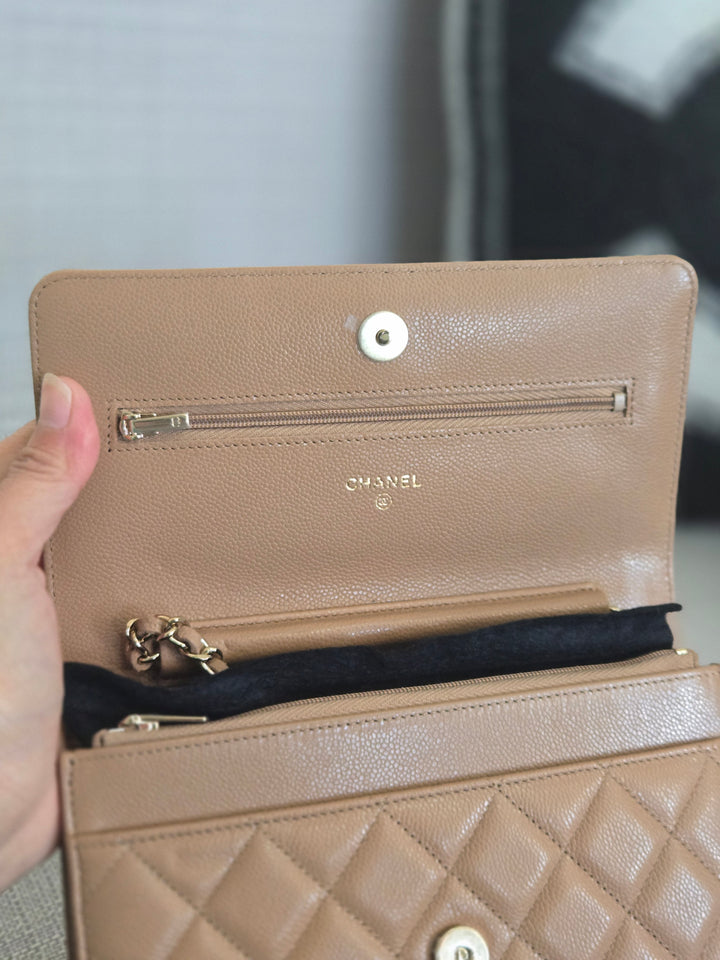 Chanel Dark Beige Caviar Champagne GHW Classic Wallet on Chain (WOC) 2023