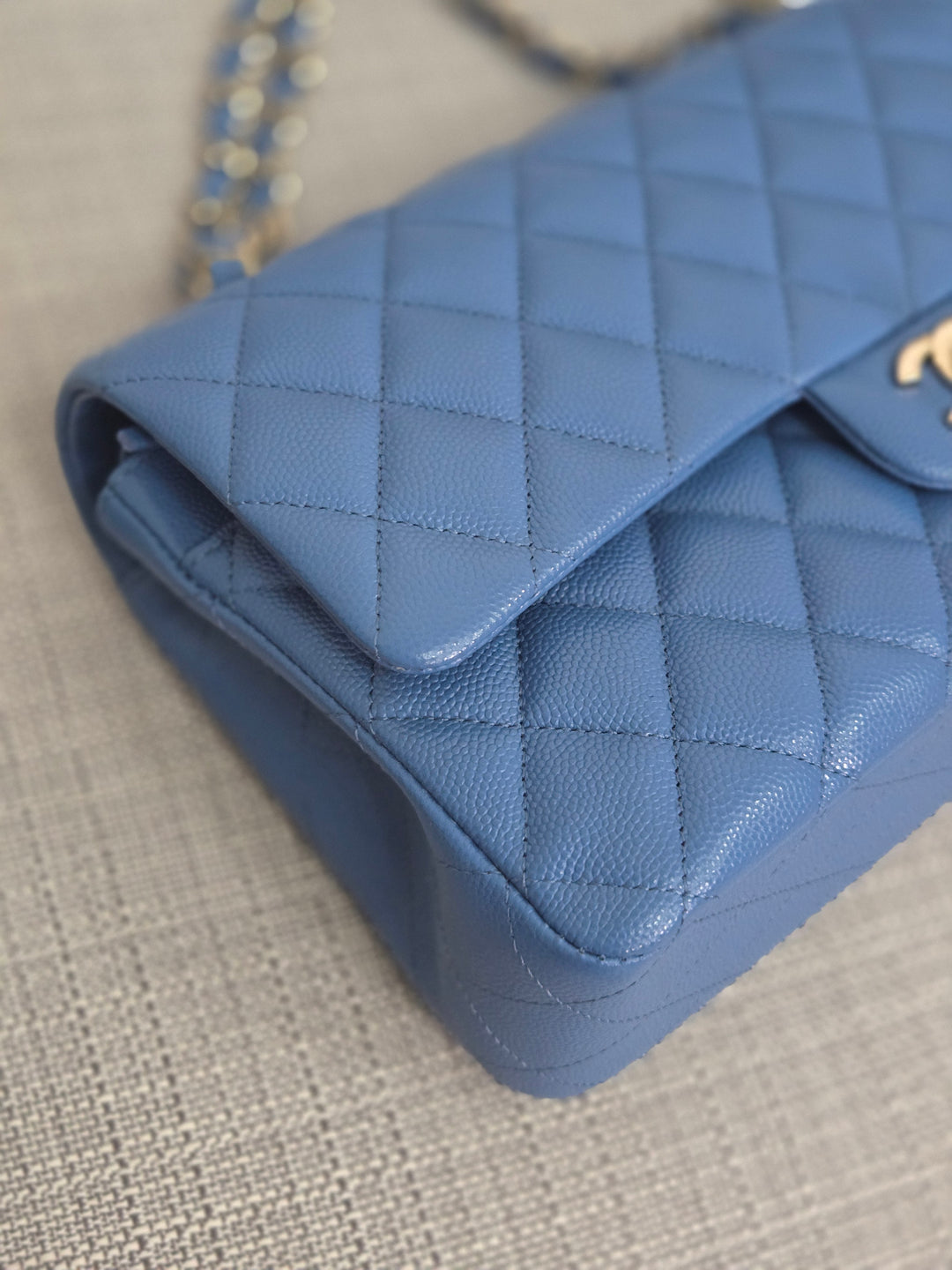 Chanel Series 30 Blue Caviar Medium Timeless Classic Double Flap Bag with Champagne GHW