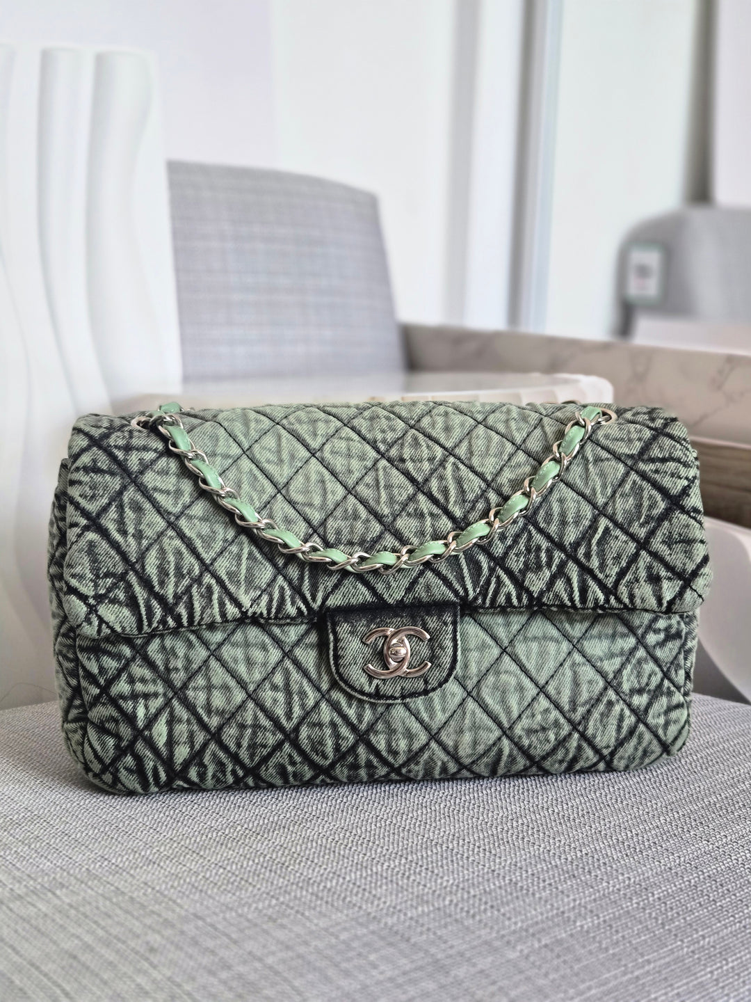 CHANEL Green Denimpression SHW size Jumbo Single Flap Bag