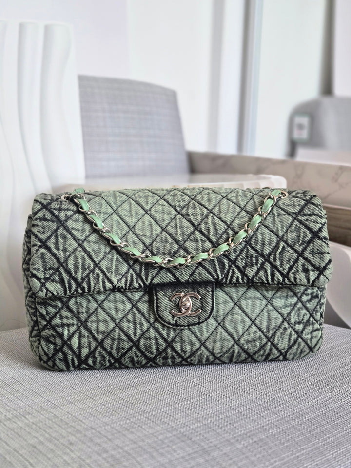 CHANEL Green Denimpression SHW size Jumbo Single Flap Bag