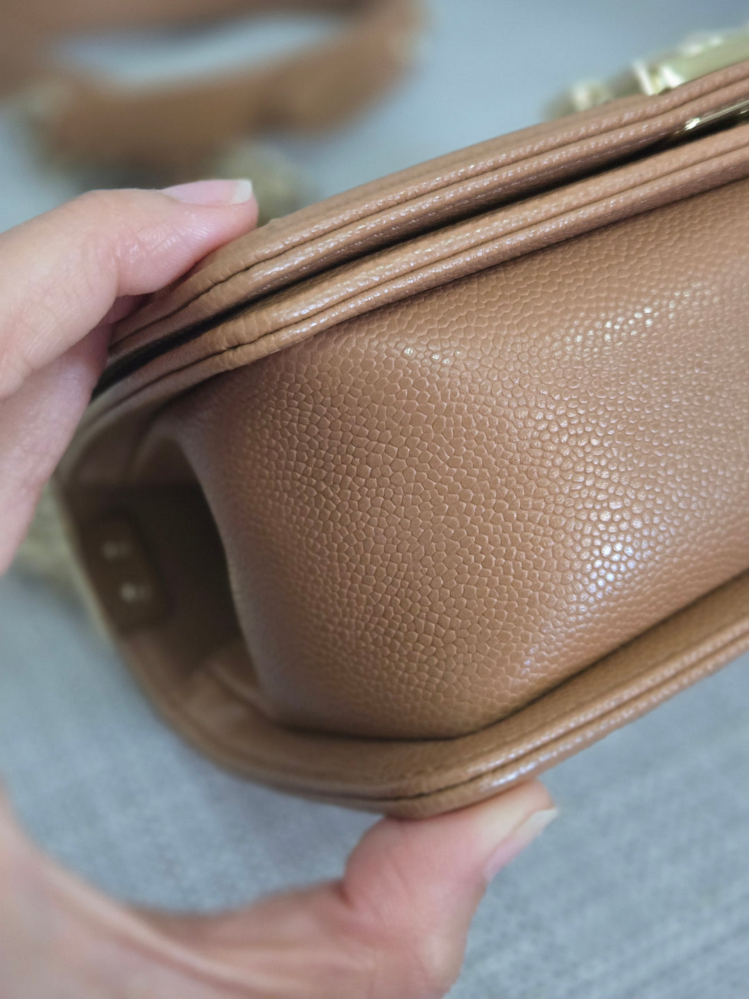 Chanel 21K 2021 Fall/Winter Collection Caramel Brown Caviar shiny champagne GHW Small Le Boy Flap Bag