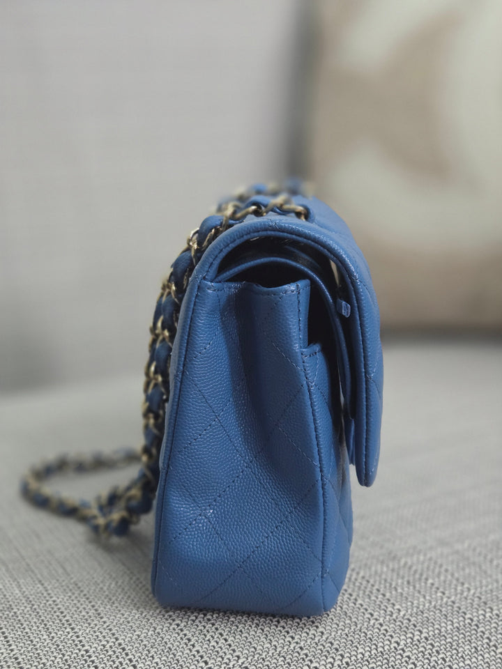 Chanel Series 30 Blue Caviar Medium Timeless Classic Double Flap Bag with Champagne GHW