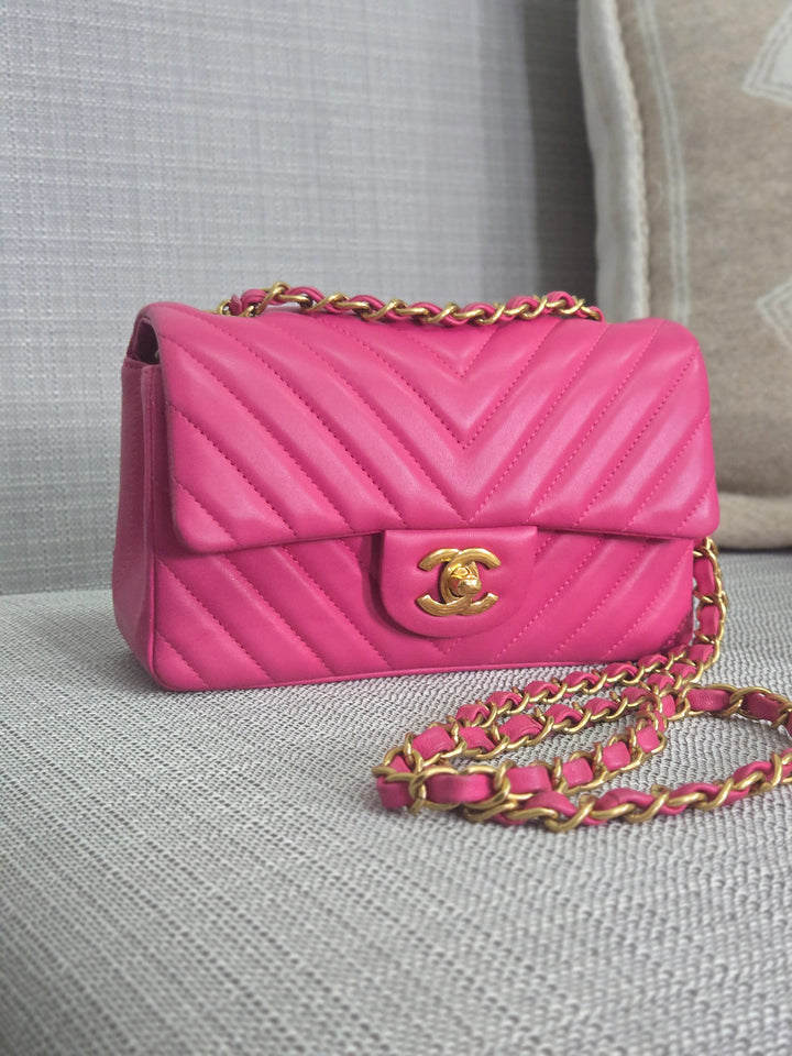 Chanel series 21 Barbie Pink Lambskin Chevron Mini Rectangular Flap Bag with Yellow GHW