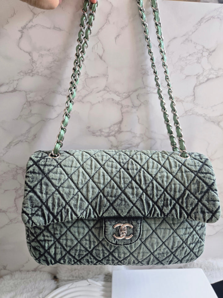 CHANEL Green Denimpression SHW size Jumbo Single Flap Bag