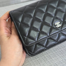 Load image into Gallery viewer, Chanel Black Caviar Classic Wallet on chain (WOC) with silver hardware
