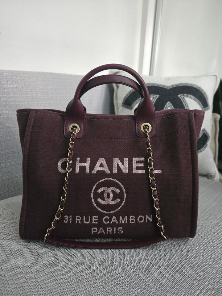 Chanel 24B 2024 Fall/Winter Collection Burgundy Tweed Deauville Tote with Leather top handle size small and Detachable pouch