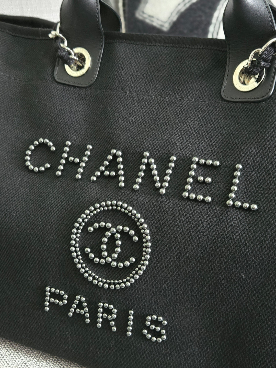 Chanel 20S 2020 Spring/Summer Collecion Black Canvas With Pearl Embossed Deauville Tote Bag with Leather Top Handle Size Medium/Large