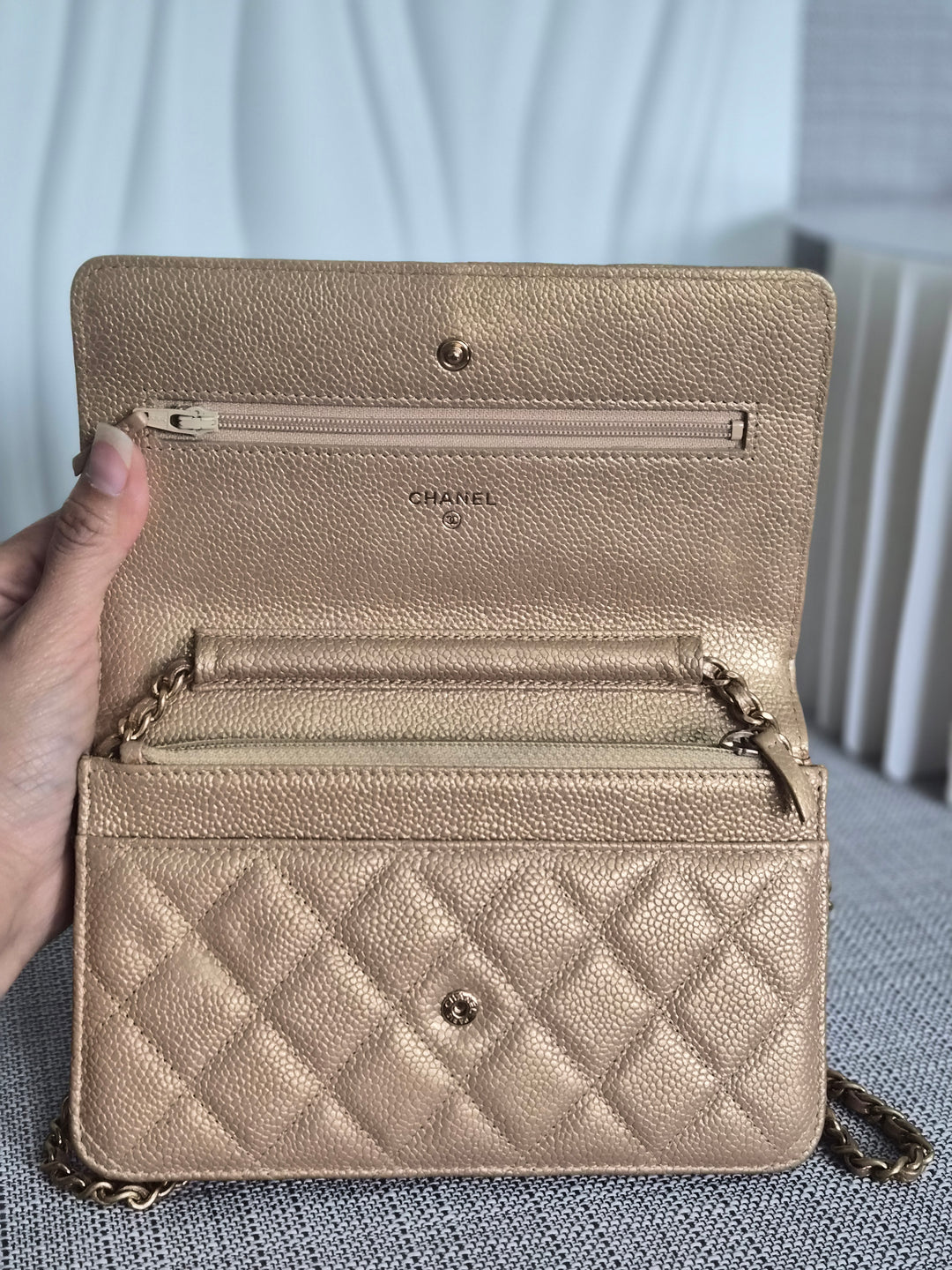 CHANEL series 20 2015 15B collection Gold Caviar Aged GHW Classic Wallet On Chain (WOC)