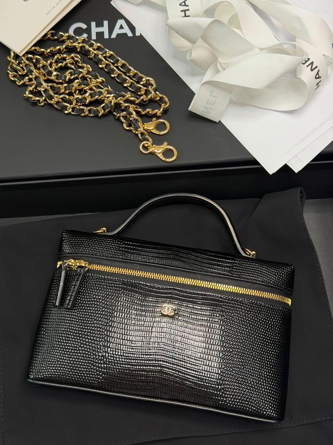 CHANEL 26A Lizard Embossed Black Calf Skin LGHW LP Long Vanity Small 19 cms 2026