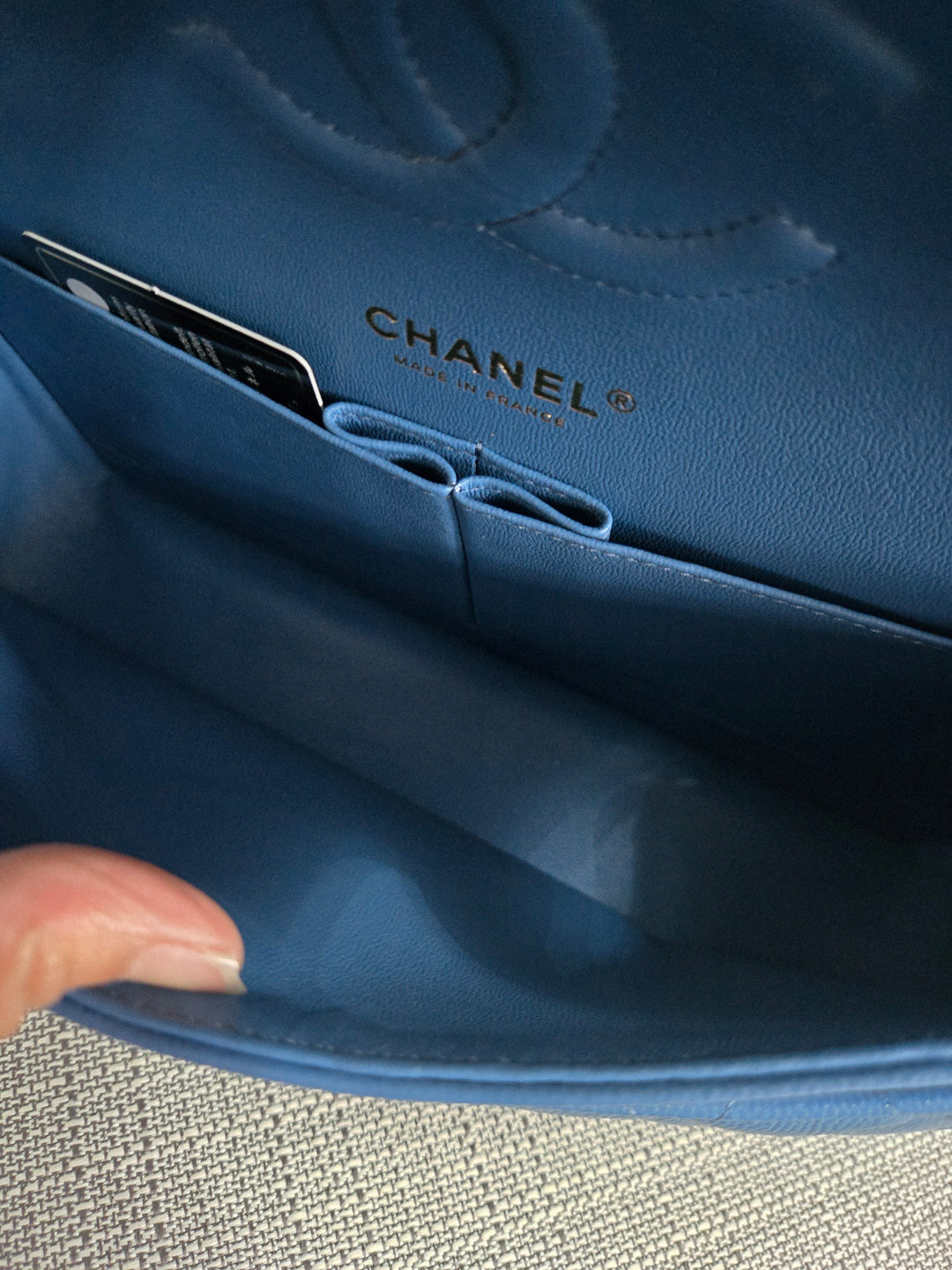 Chanel Series 30 Blue Caviar Medium Timeless Classic Double Flap Bag with Champagne GHW