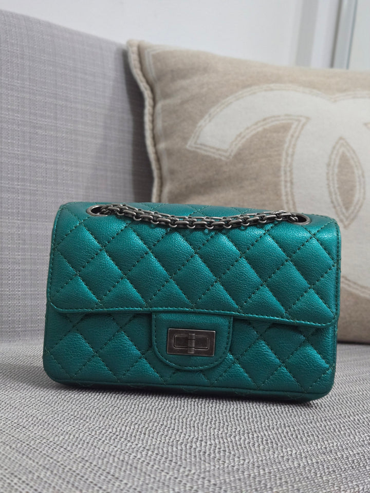 Chanel Series 28 Emerald Green Turquoise Calf skin 2.55 Reissue Mini Flap Bag with Ruthenium Hardwars