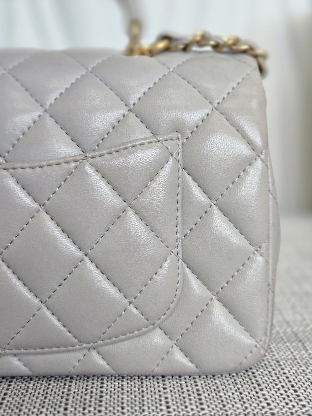 CHANEL 21A light Grey Lambskin Aged GHW Mini Rectangular Flap Bag with Top Handle